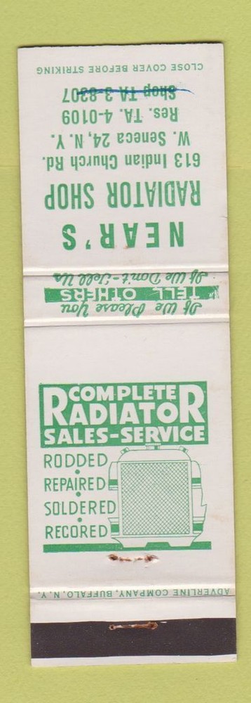 Matchbook Cover - Near's Radiator Shop West Seneca NY