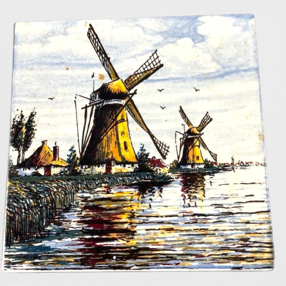 Vintage Hand Painted Holland Windmill Ceramic Tile Dutch Landscape Delft Hangs