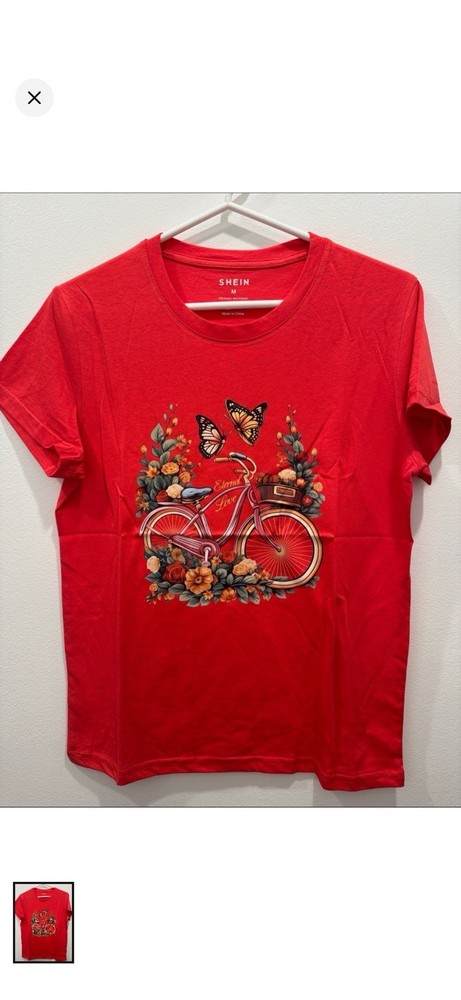 Womens M Red Bicycle Butterfly Graphic Print Crew Neck Short Sleeve T-Shirt
