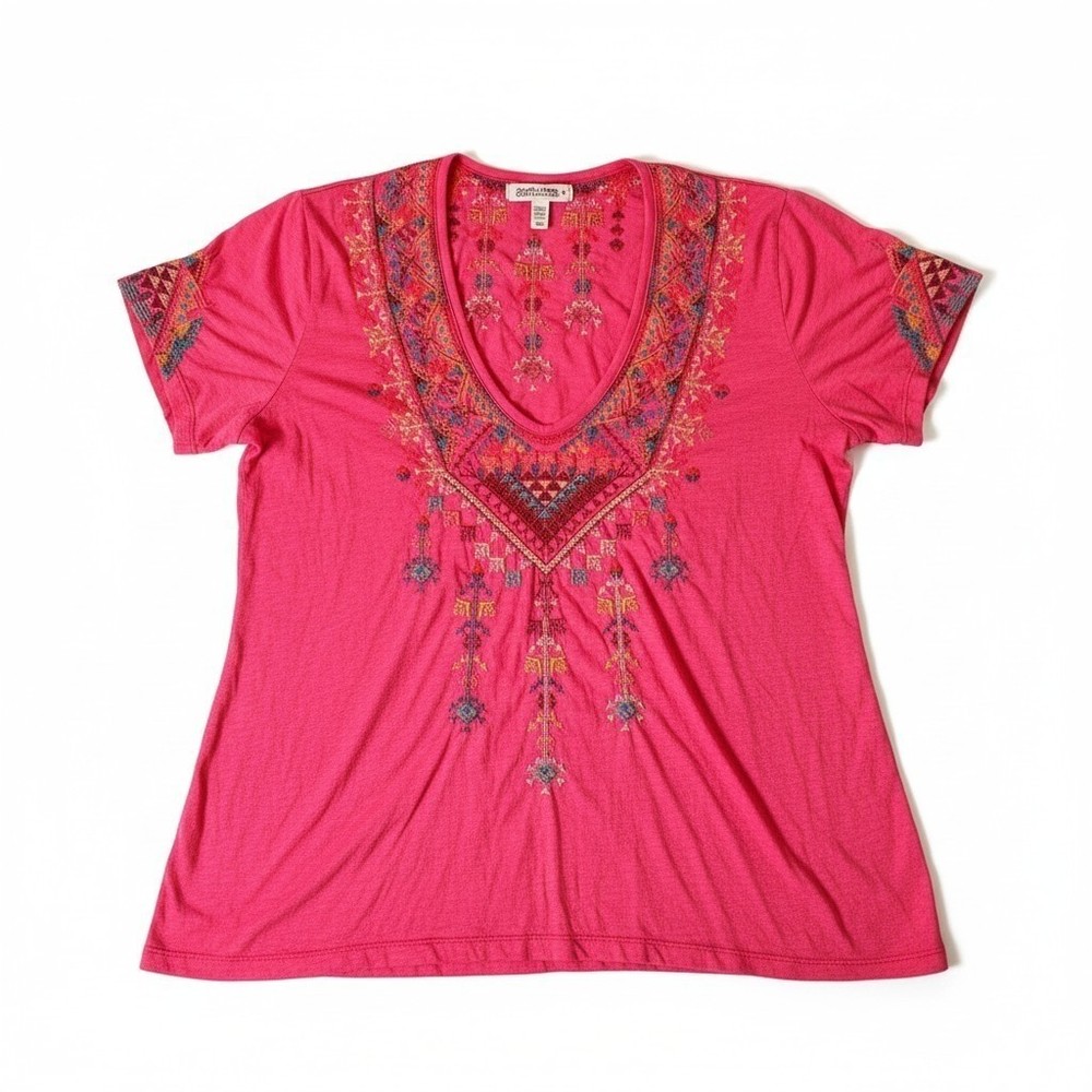 Johnny Was J14918-2 Pink Boho Geometrical Embroidered V-Neck Tee Blouse XL