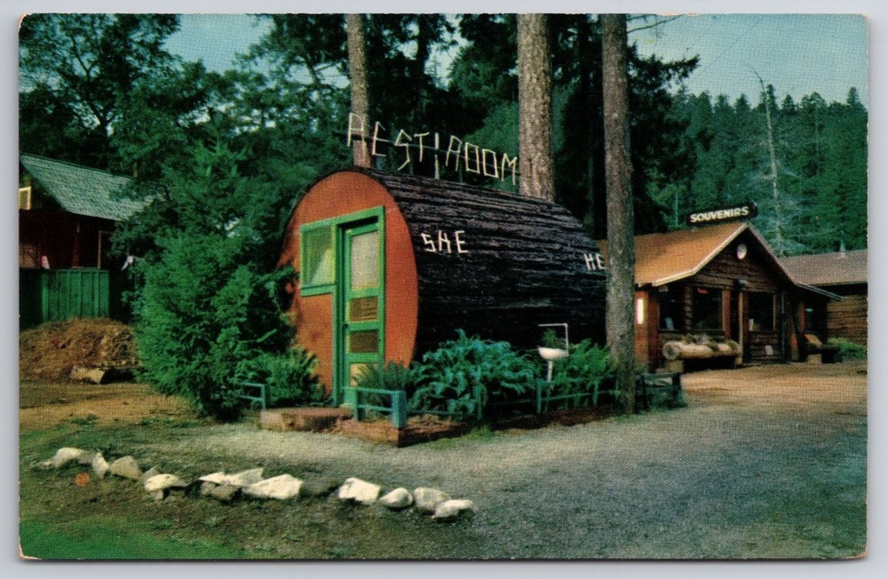 Grundy's Cummings CA Eel River Redwood Hwy Log Restroom Souvenir Postcard
