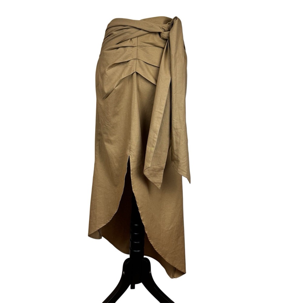 Lulus Skirt Women L Take The Chance Tan Faux Wrap Midi Stretch Preppy Boho NWT