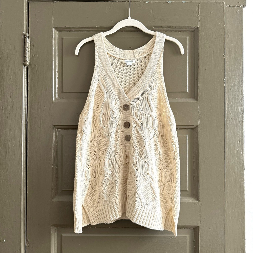 Sundance Catalog Women’s Top Size Large Knit Vest Beige Boho Cotton Blend Tank