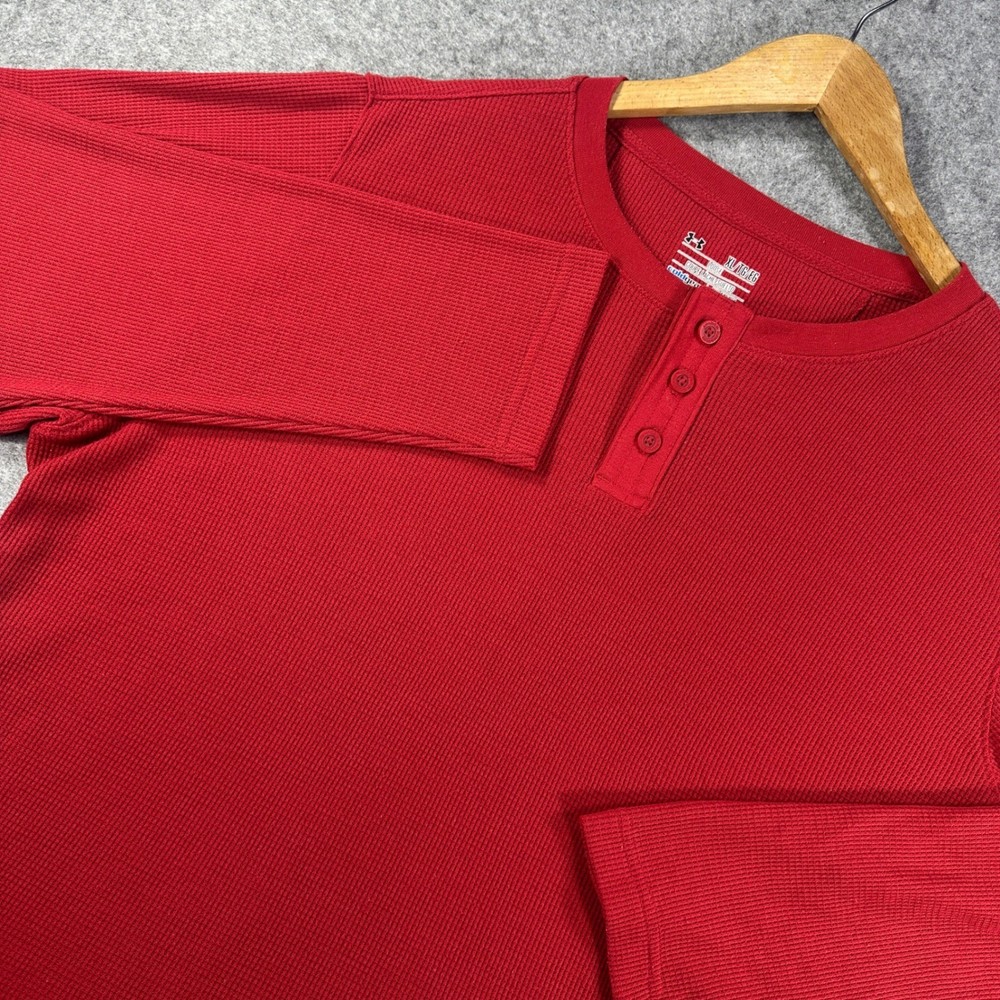 Under Armour ColdGear Henley Shirt Mens XL Red Waffle Knit Long Sleeve Loose Fit