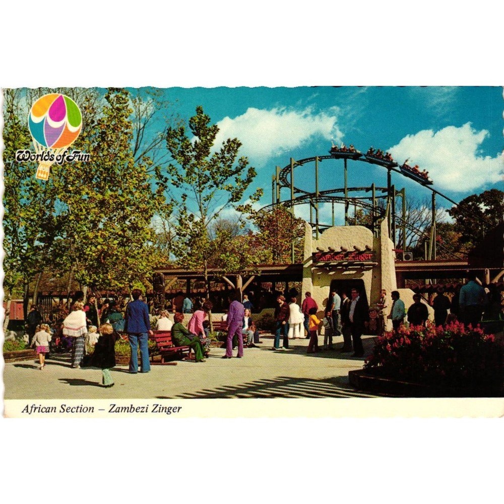 Worlds of Fun Postcard Zambezi Zinger Roller Coaster African Section Kansas City