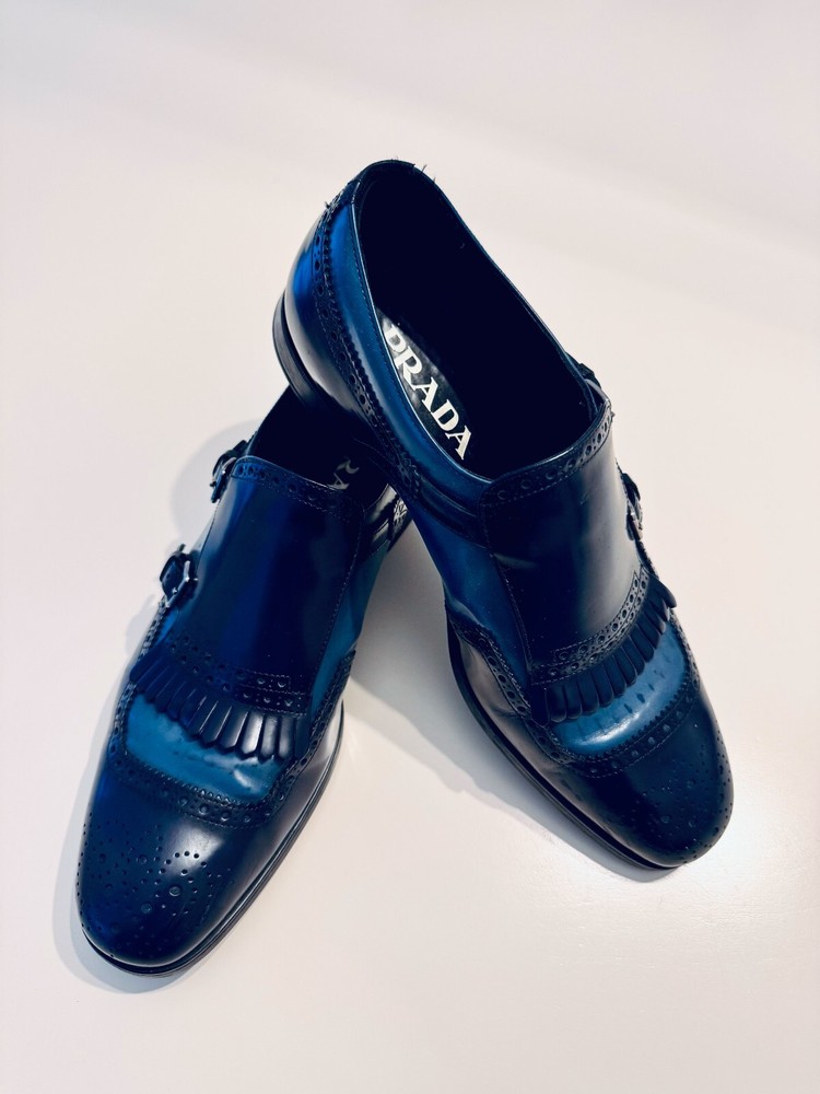Prada two-tone fringe double monk strap men's shoes size 7 like new