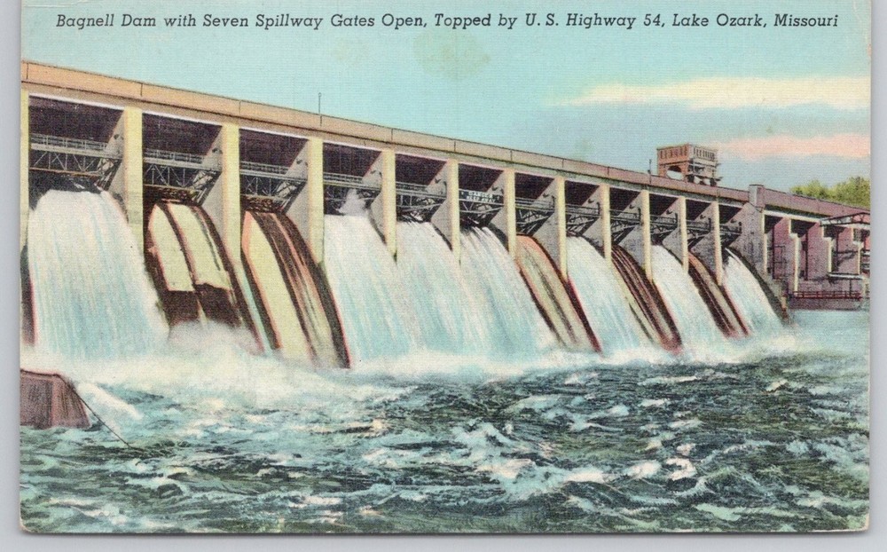 Bagnell Dam Lake Ozark MO Vintage Postcard Curteich US Hwy 54 Spillway Gates