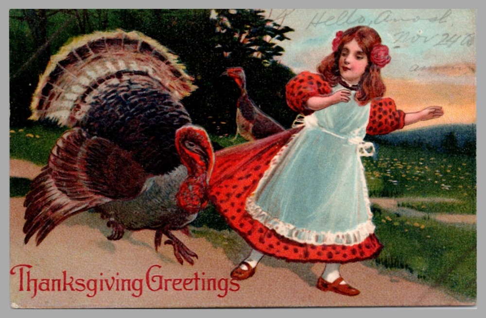 Thanksgiving Greetings Girl With Turkey Embossed DB c1910 Antique Postcard
