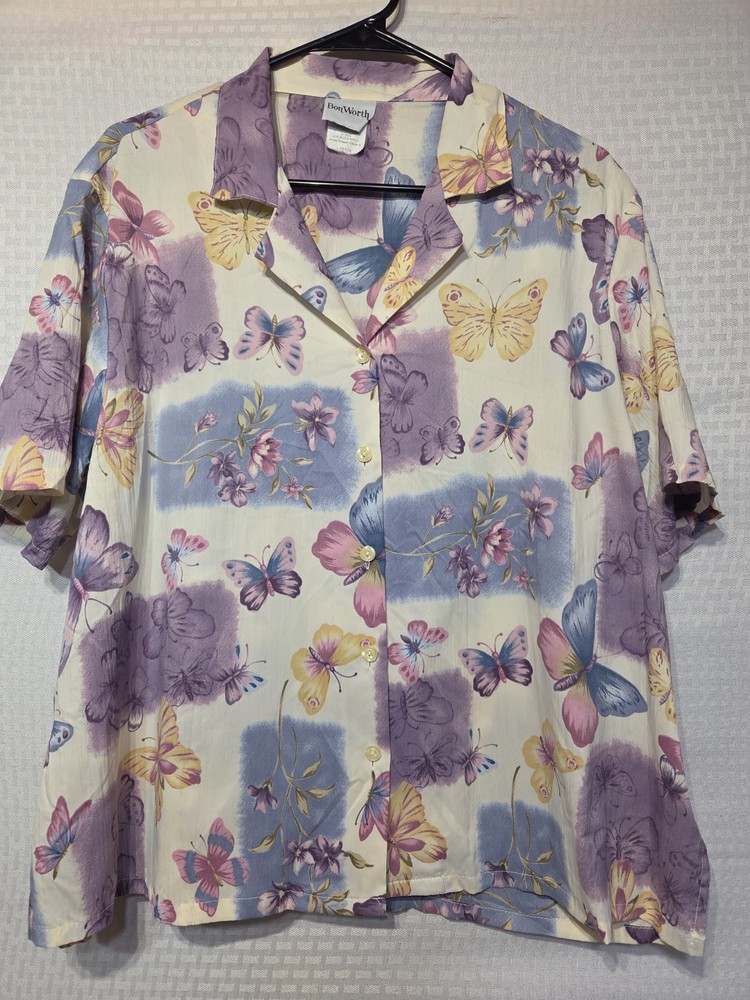 BonWorth L Petite Button Front Blouse Butterfly Floral Print Purple Blue Yellow