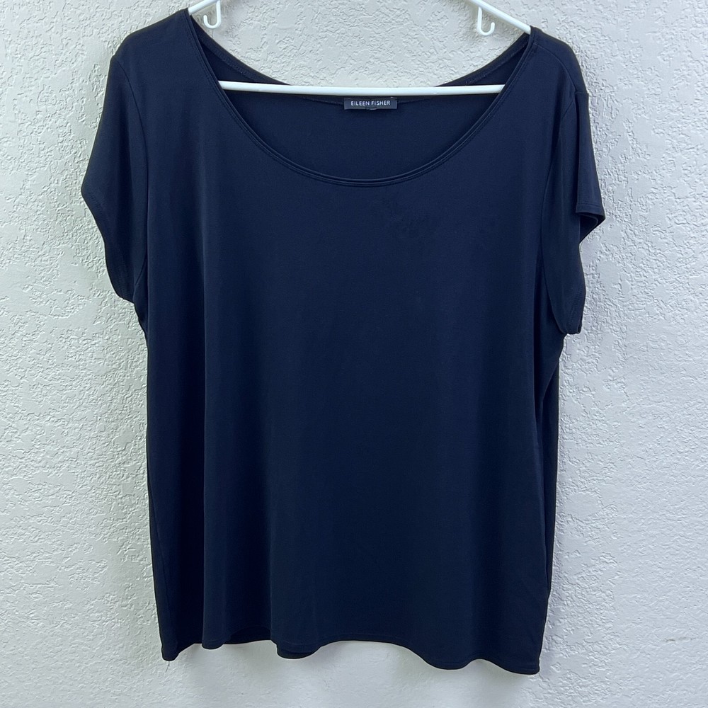 Eileen Fisher Top Womens L* 100% Silk Black Short Sleeve Soft Drape Shirt Blouse