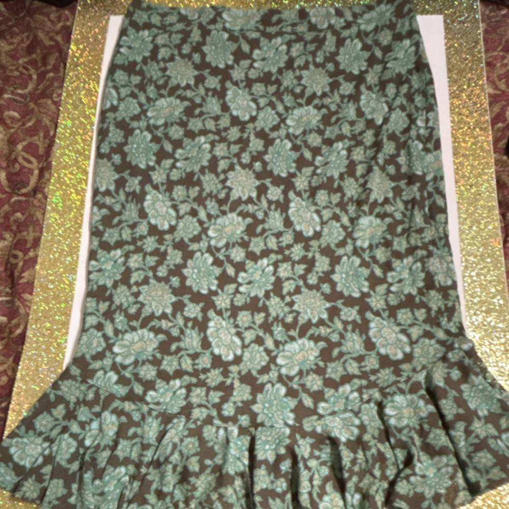 Express Brown Green Floral Ruffle Trumpet Midi Skirt Pull-On Lined Size M Women