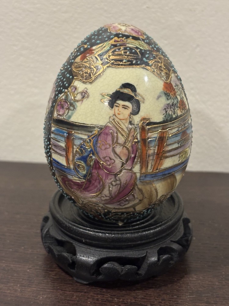 Vintage Japanese Satsuma style Hand, Painted Moriage Egg on Stand