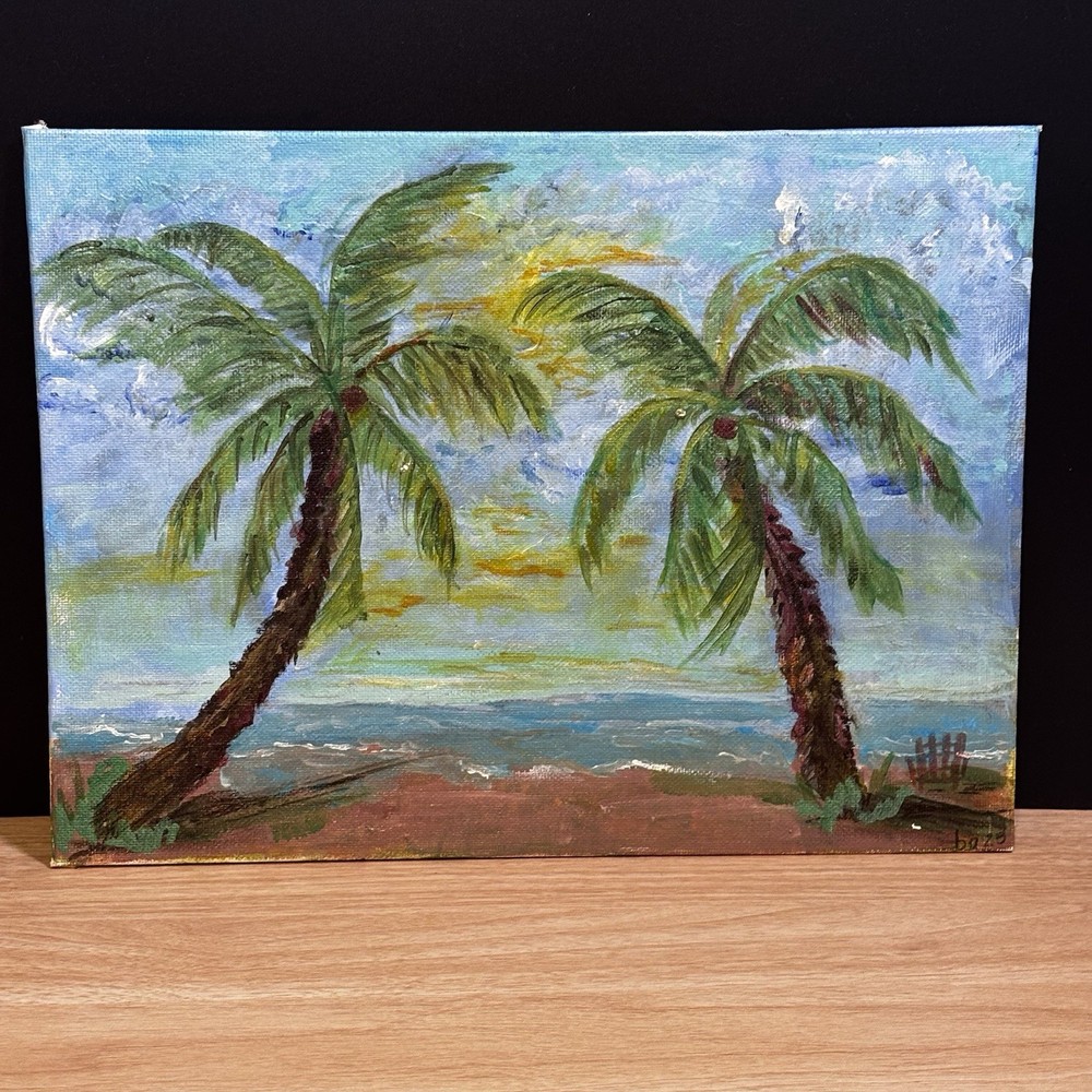 Original Oil Painting On Canvas Palm Trees Ocean Seascape 9x12 Signed