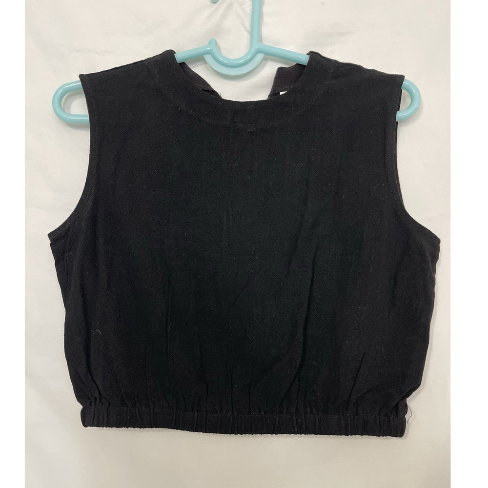 Black V-Neck Cropped Tank Top Sleeveless Woven Viscose Linen Elastic Hem L