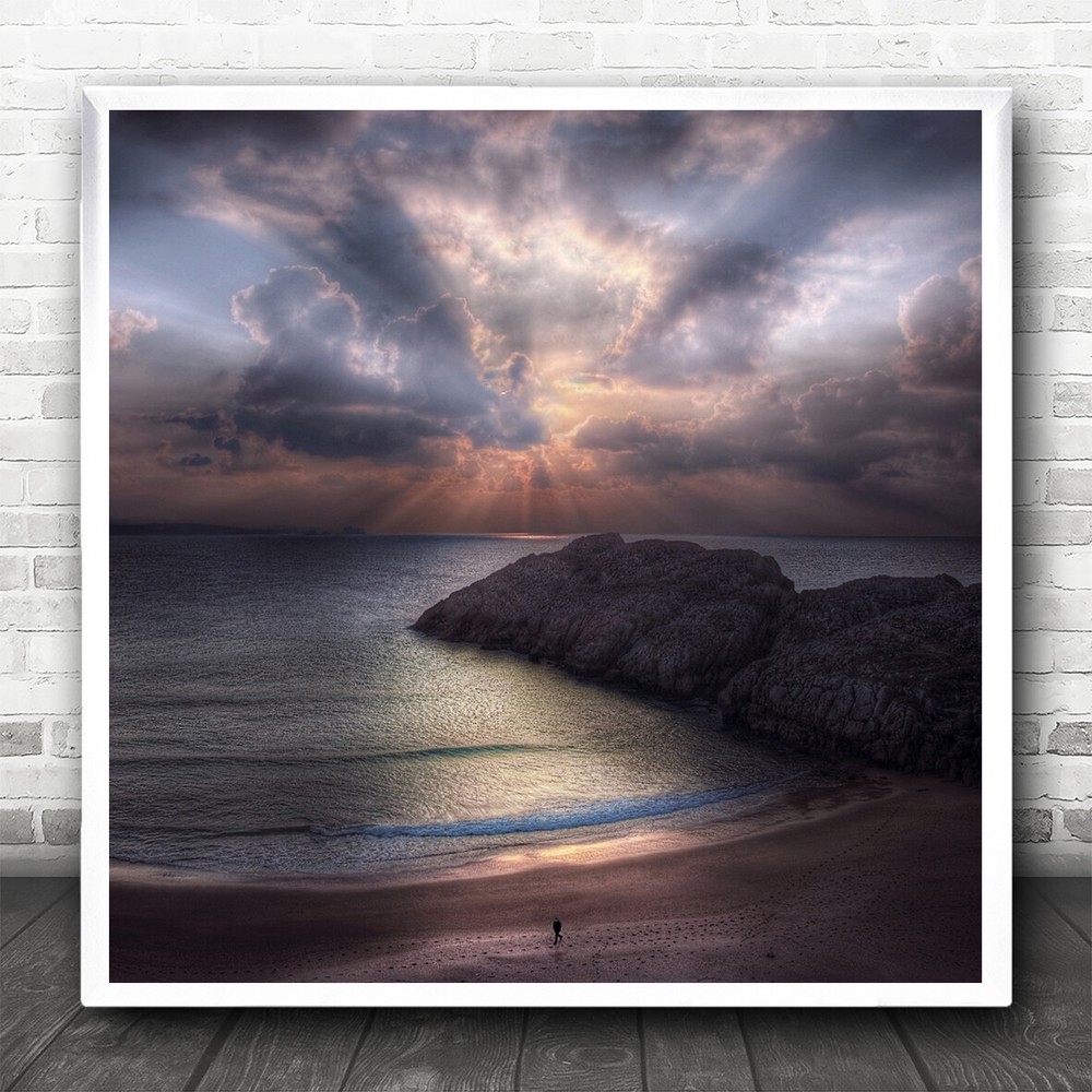 Landscape Rocks Pebbles Ocean Sea Sky Clouds Beach Person Walk Square Art Print
