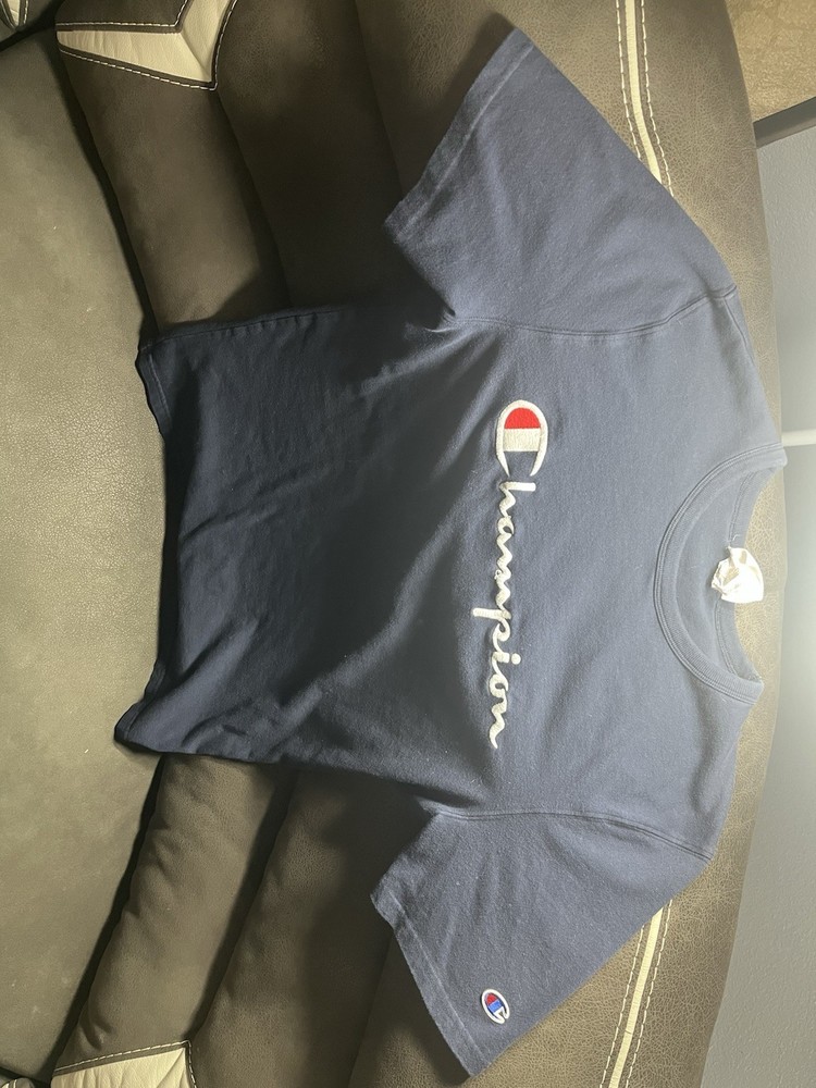Vintage Champion Navy Blue Logo Embroidered Crew Neck Short Sleeve T-Shirt Men M