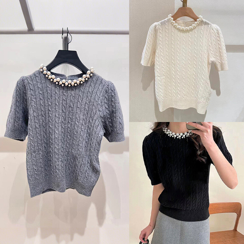 Sandro Pearl collar Puff sleeve Short sleeve Twist knit sweater jacket top