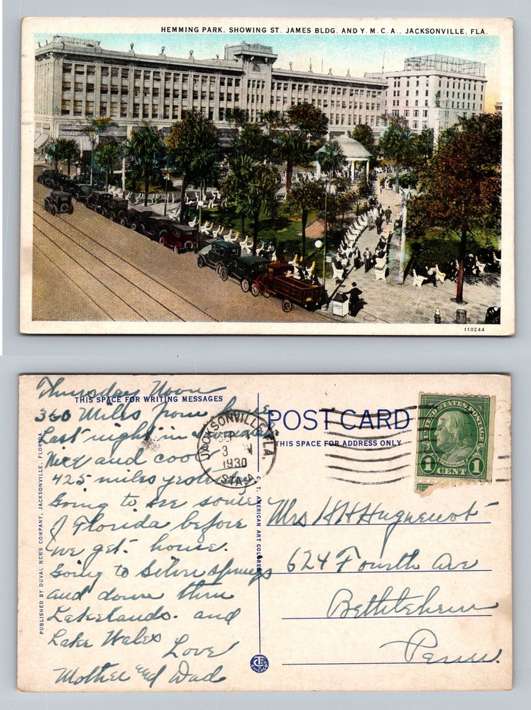 Jacksonville, FL-Florida, Hemming Park St James Bldg YMCA Vintage c1930 Postcard