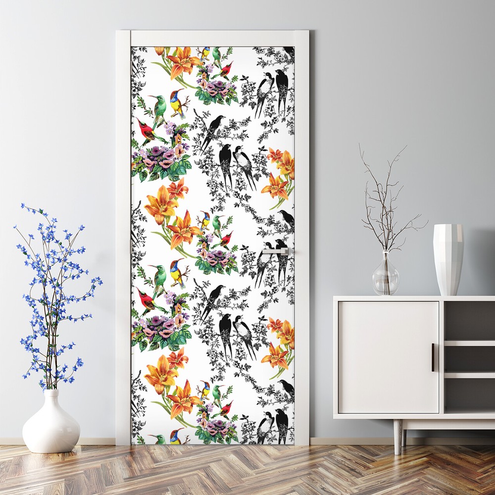 Birds full of color removable Door sticker white mural Self Adhesive Peel Stick