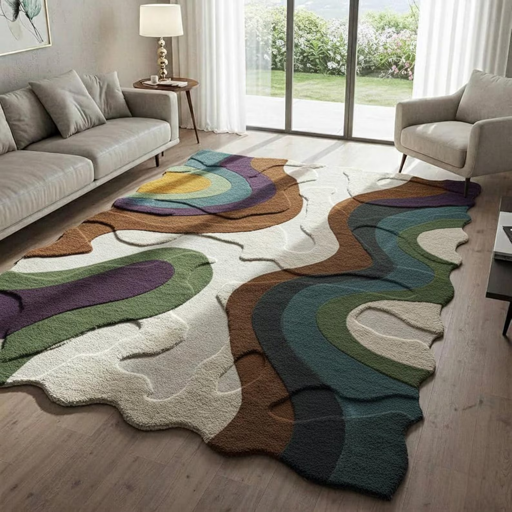 Abstract Wave Rug Hand-Tufted 100% Wool Modern Carpet Organic Edge Design