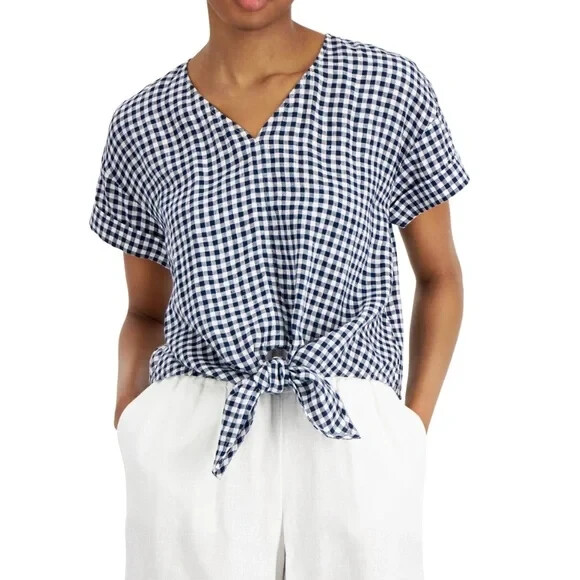 Charter Club 100% Linen Gingham Tie Front V Neck Short Sleeves Top Sz MP NWT
