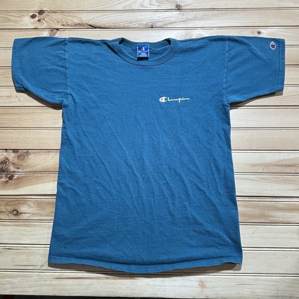Vintage 90s Champion Blank Spell Out Script Logo Shirt Teal Blue Size L