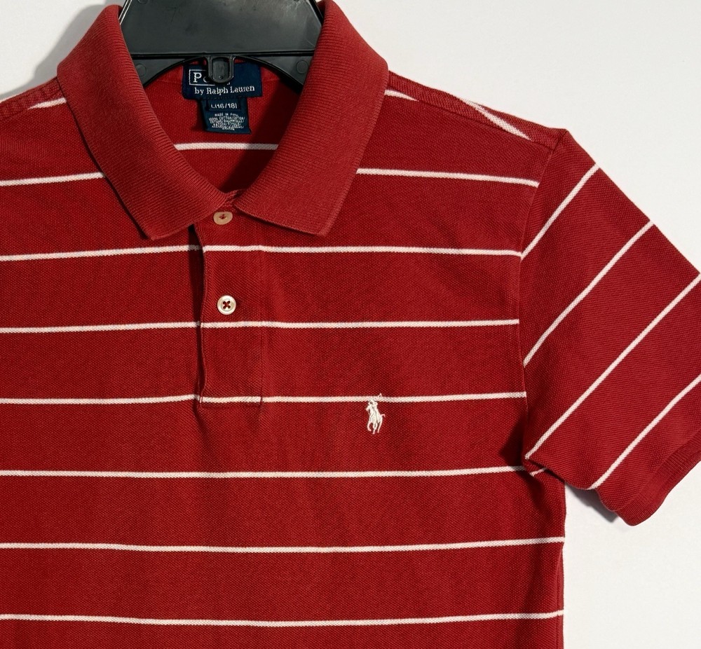POLO by RALPH LAUREN Boys Red Short Sleeve Polo Shirt w/White Stripes - LG 14/16