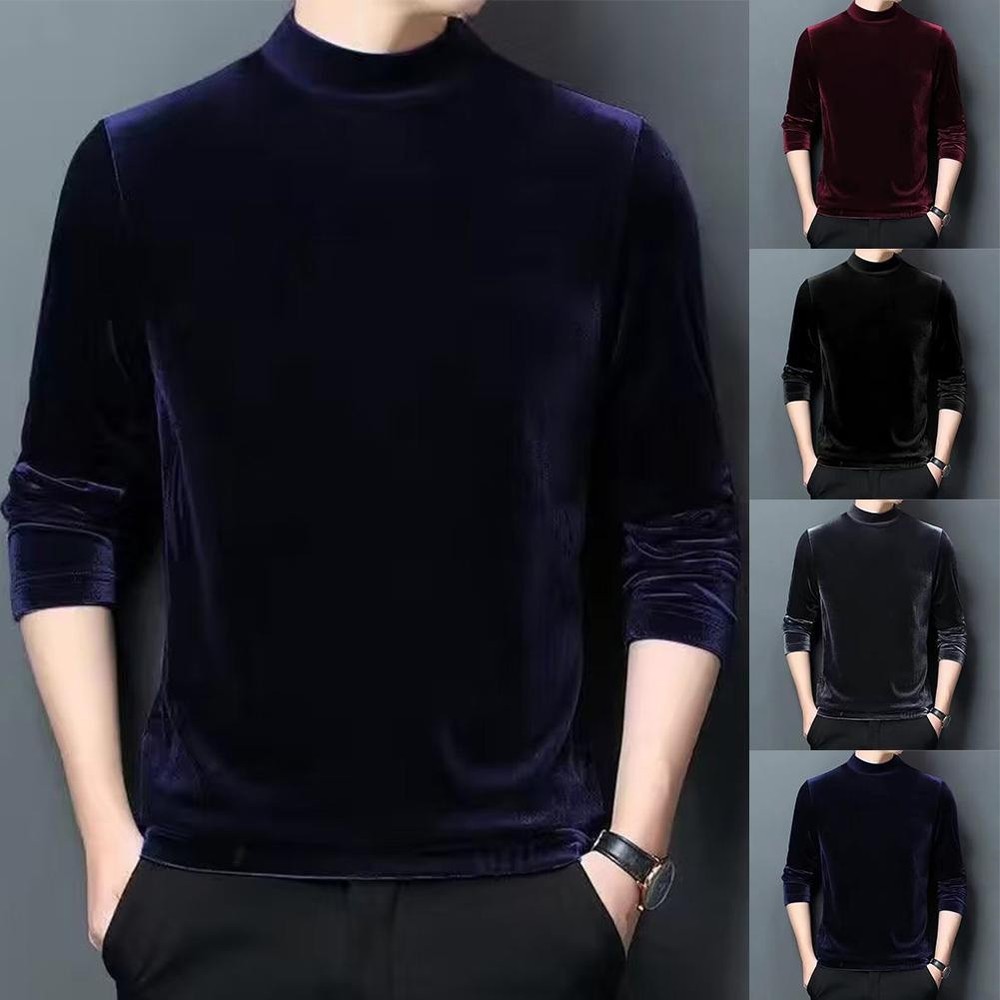 Mens Velvet Half Turtleneck Pullover Long Sleeve Slim Fit Tops for
