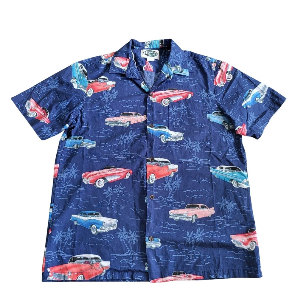 Vintage Hawaiian Islands Shirt Men's Size L Made in USA Blue Cars 90s Button Up