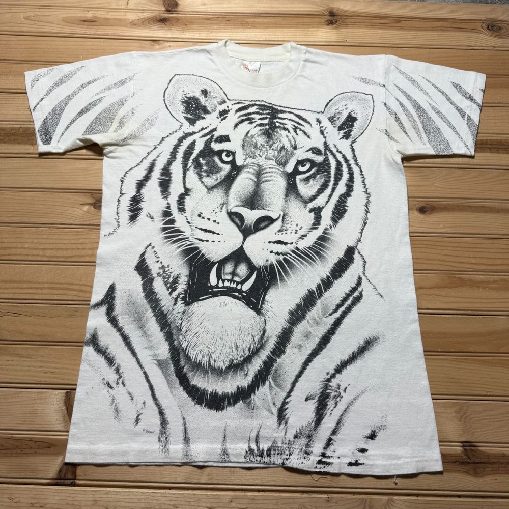 Vintage 80s 90s Tiger Face All Over Print Single Stitch Crewneck Shirt - Large