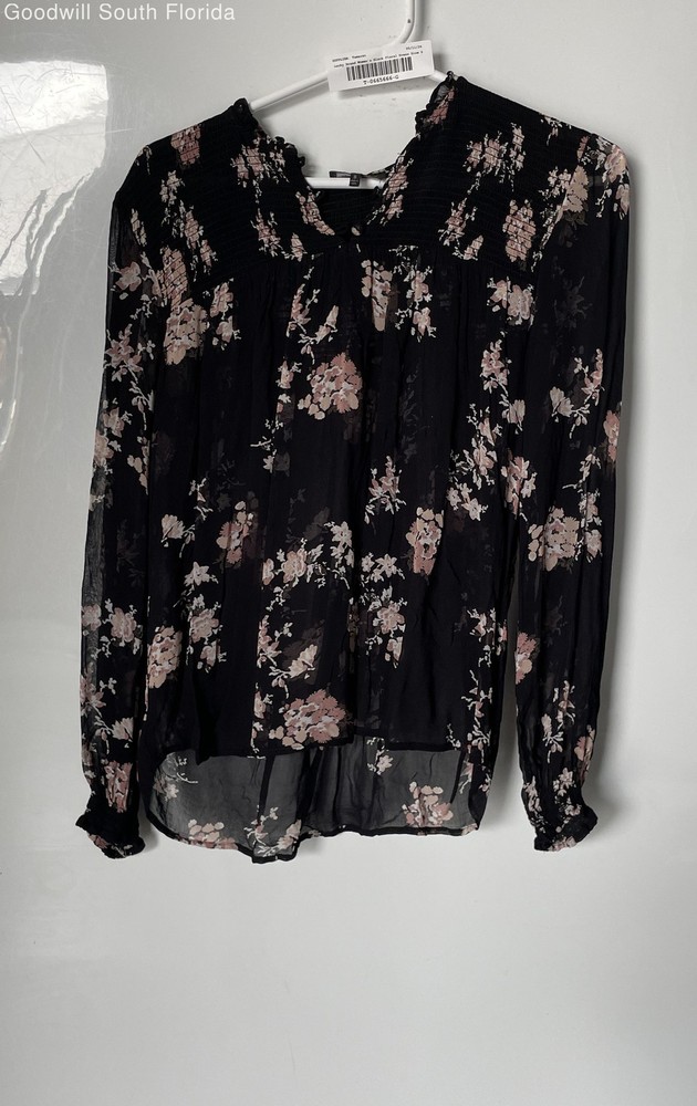 Lucky Brand Womens Black Floral Smocked Long Sleeve Blouse Top Size Small