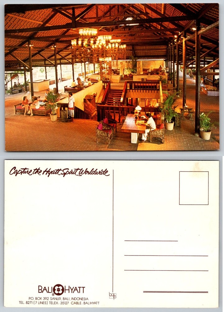 Vintage Bali Hyatt Sanur Indonesia Lobby Resort Hotel Postcard 1970s Tropical