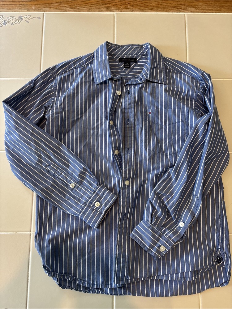 Tommy Hilfiger Boys' LG 14/16 long sleeve blue white stripes button up shirt