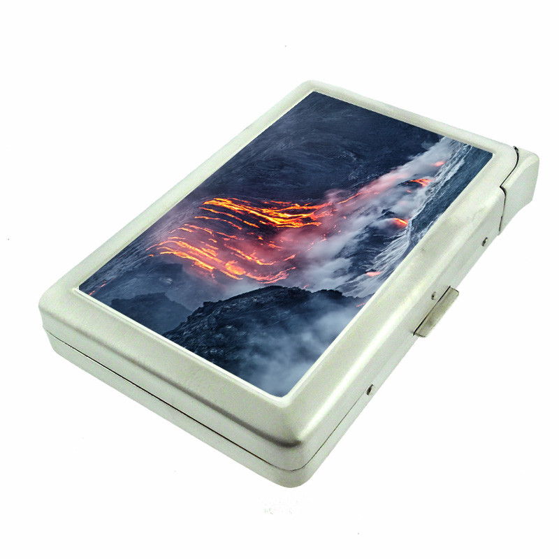 Volcanoes Lava D9 100s Metal Cigarette Case with Built-In Lighter Wallet
