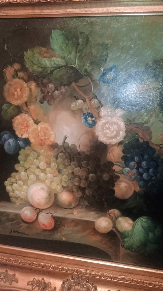 Original Oil On Canvas Fruits & Flowers Painting Gilted Frame Signed S. Marie