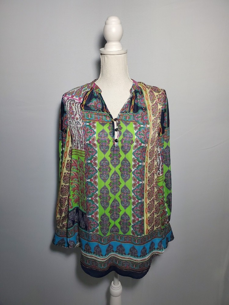 Liz Claiborne Womens Colorful Paisley Blouse with Decorative Buttons Size Small