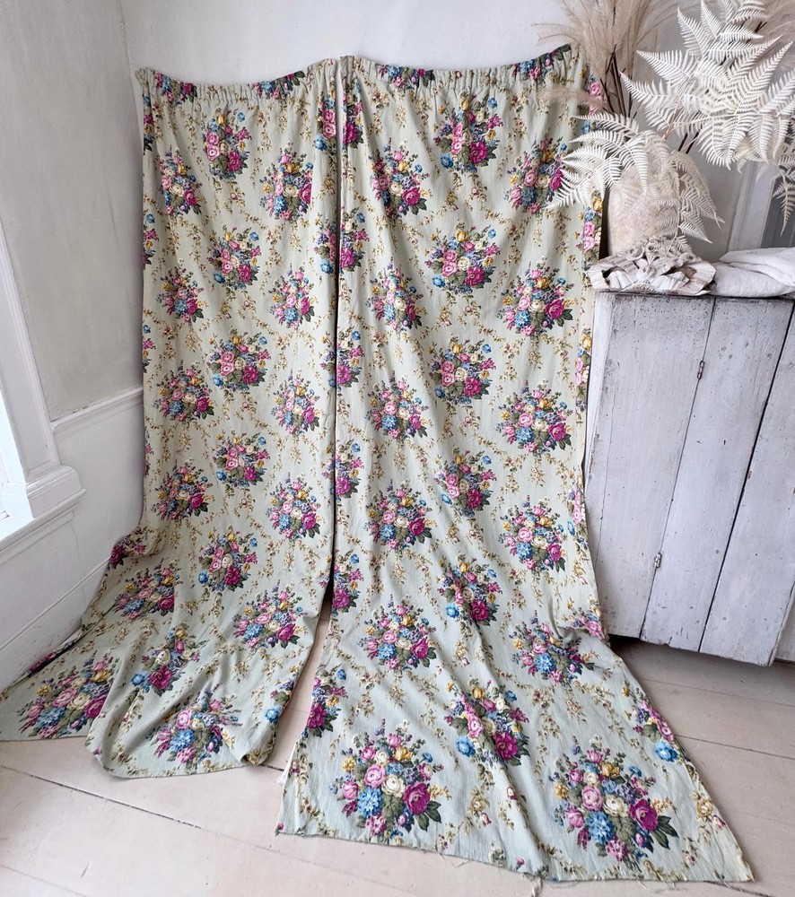 2 Curtains 103x46 Vintage pale textured green gloral French curtain drape barkc