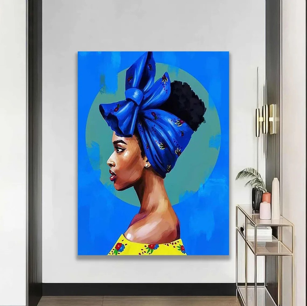 African Woman Modern Ethnic Blue Paint Wall Art Canvas Unframed Print Art