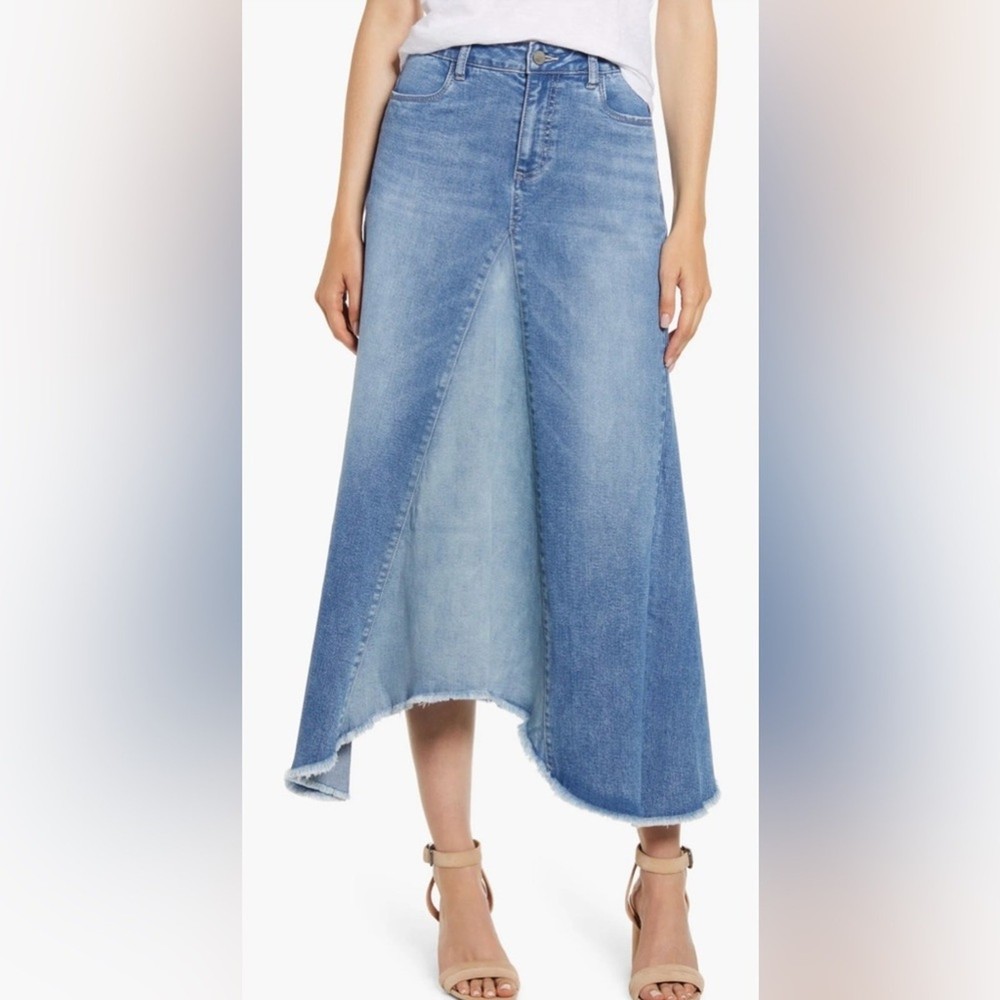 Wash Lab Pieces Denim Midi Skirt Asymmetrical Two Tone Sky Blue Women's Size 30