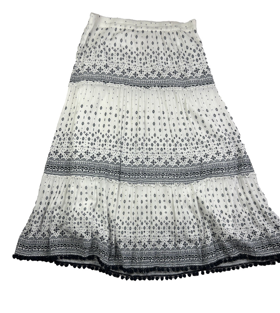Style&Co. Tiered Maxi Skirt Women Large White Spring Navy Printed Pom Pom Trim