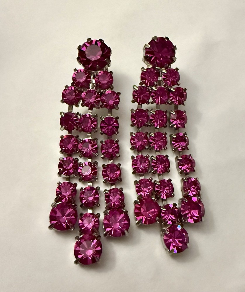 Vintage Fuchsia Crystal Chandelier Clip On Earrings 2 1/2 Inch