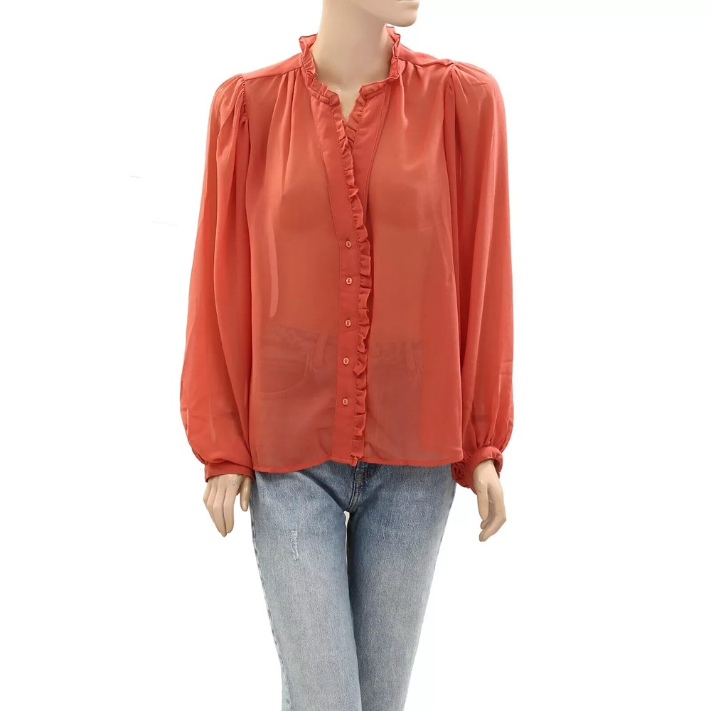 Sea New York Buttondown Long Sleeve Shirt Blouse Top Ruffle Solid L New 274714