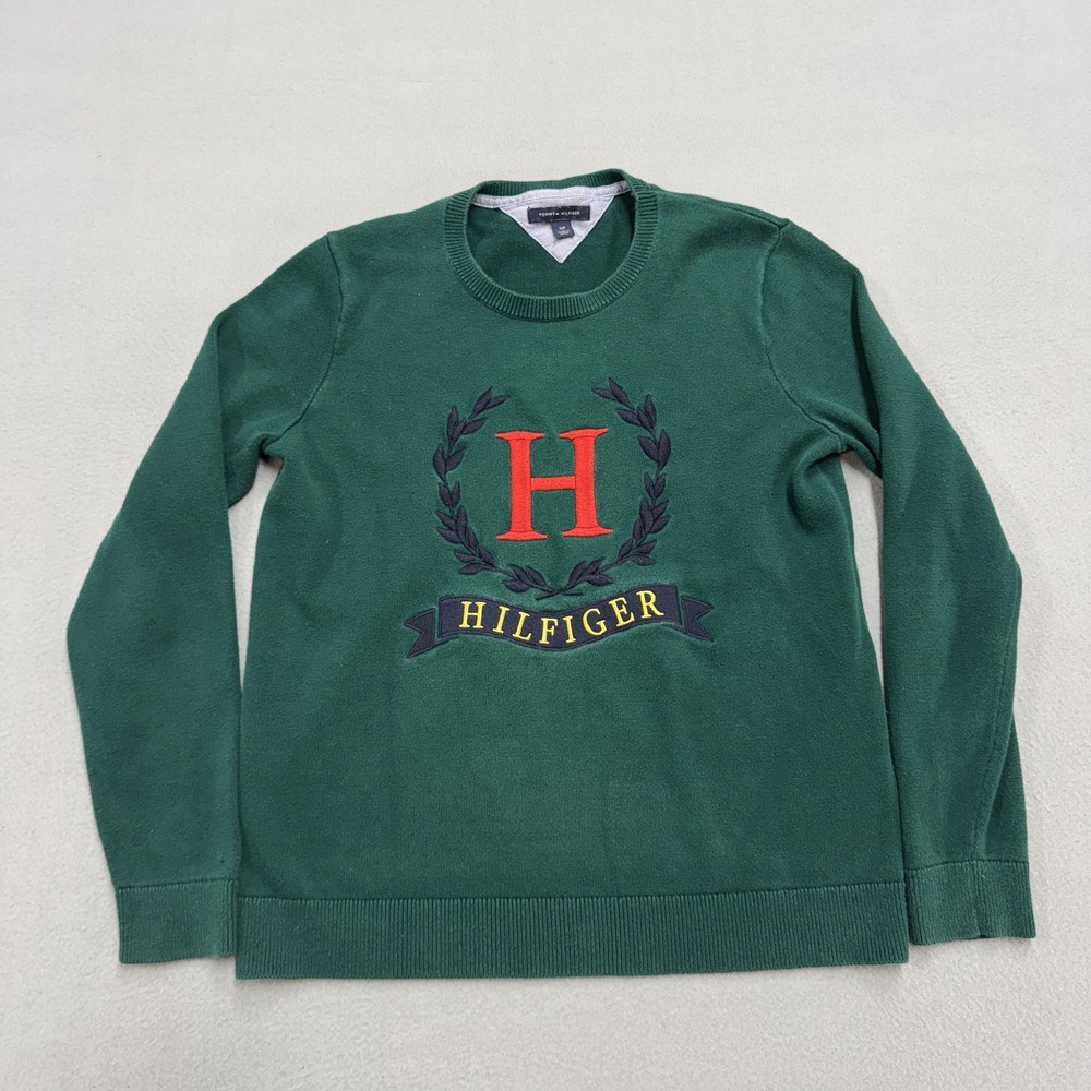 Tommy Hilfiger Sweater Mens Small Green Crest H Logo Pullover Knit Preppy