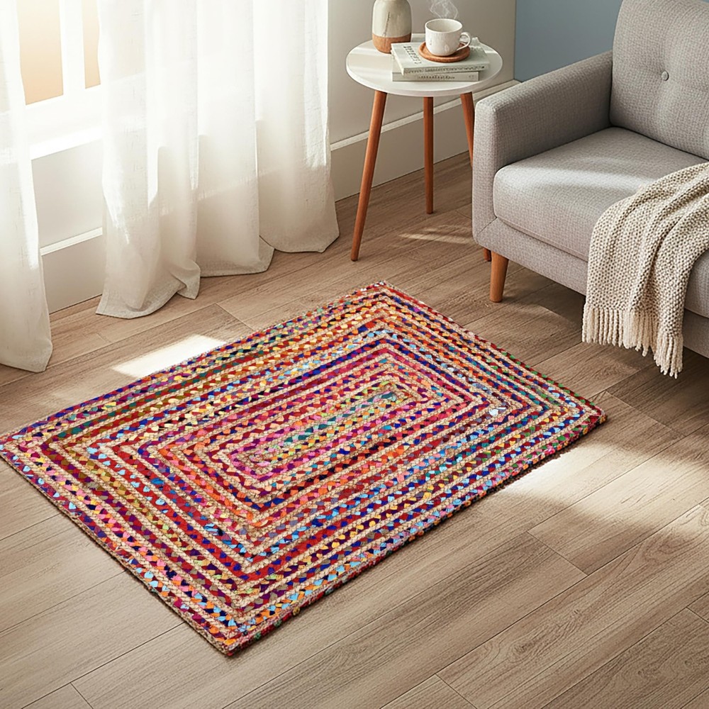 Jute Chindi Braided Rug Boho 24x36 Inch Natural Multi Farmhouse Burlap Small .