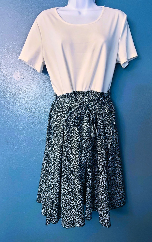 Shein XL Green White Floral Belted Midi Dress Scoop Neck Short Sleeve