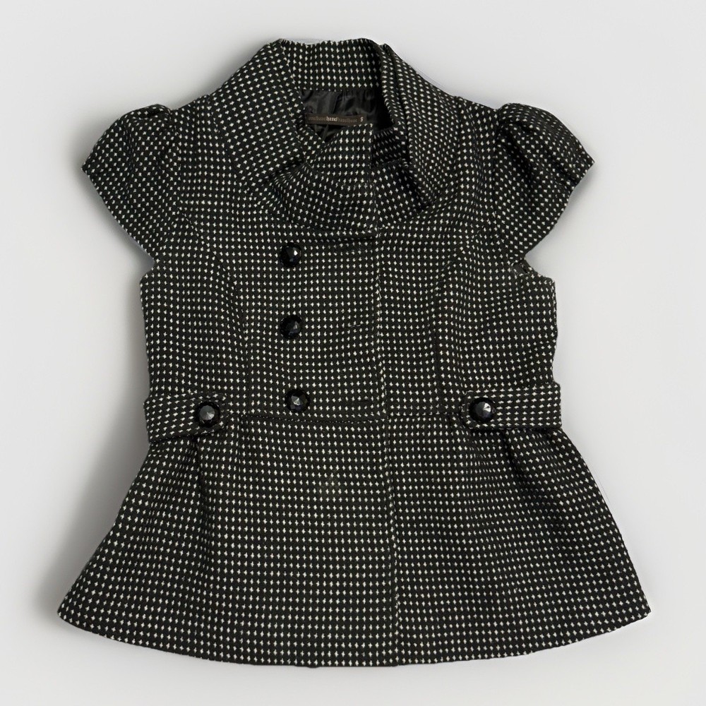 Anthropologie Hazel Houndstooth Short Sleeve Blazer Jacket Black White Buttons