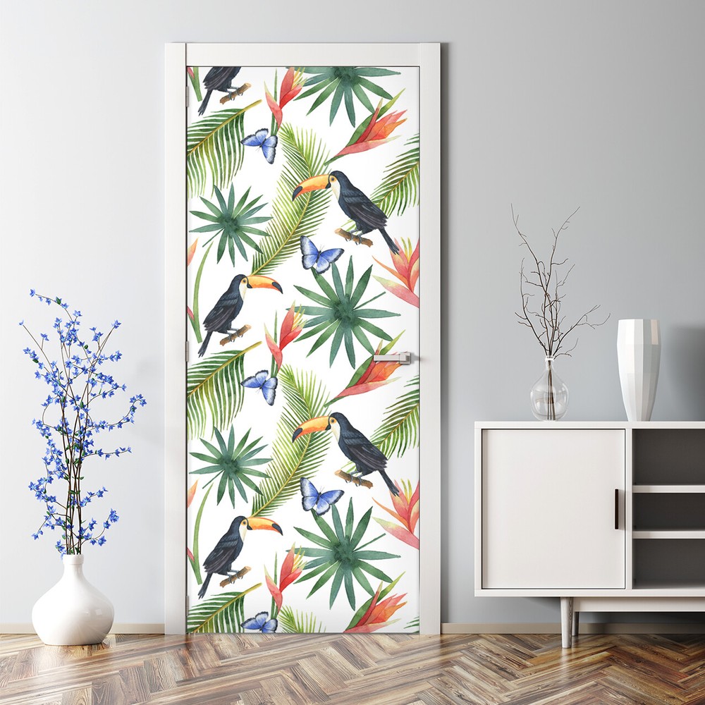 Bubble Free Door sticker Tropical Toucan Decal Self adhesive Floral Decor