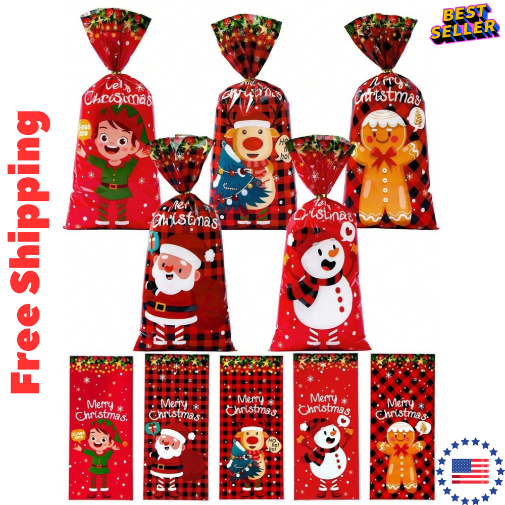 50 PCS Christmas Candy Bag Christmas Treat Bags Candy Goodies Plastic Drawstring
