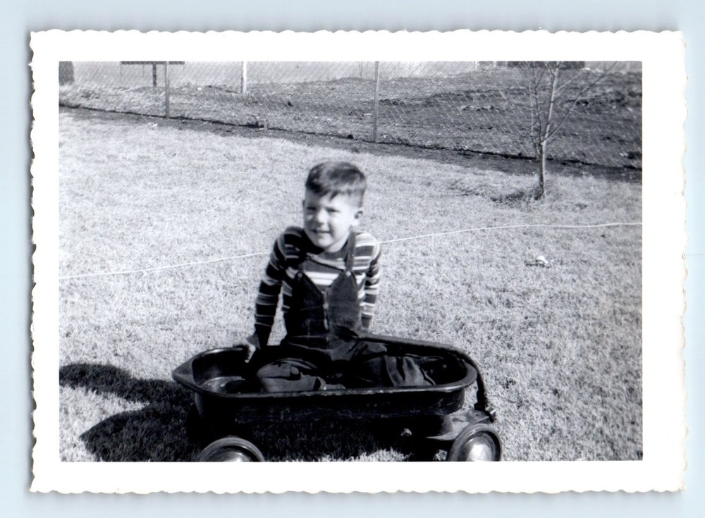 Old Vintage Photo SOLO BOY WITH TOY WAGON IN BACK YARD ANTIQUE SNAPSHOT