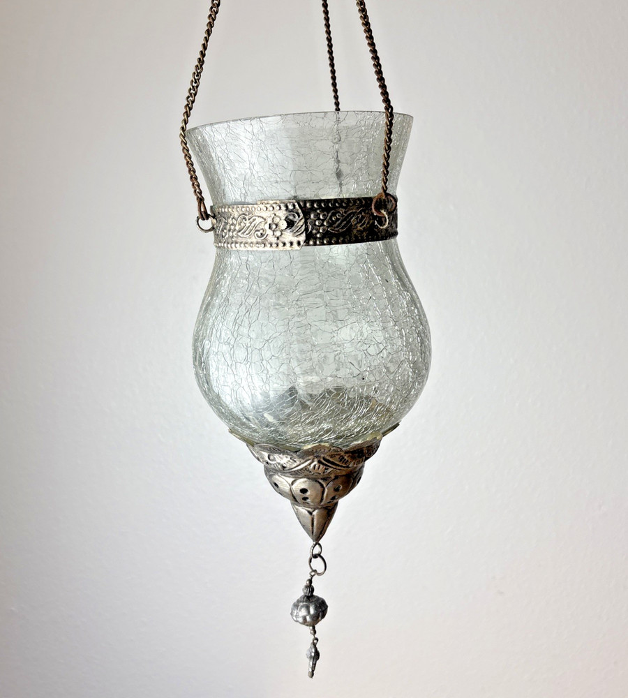 Hanging Moroccan Crackle Glass Votive Tea Light Candle Holder with Chain